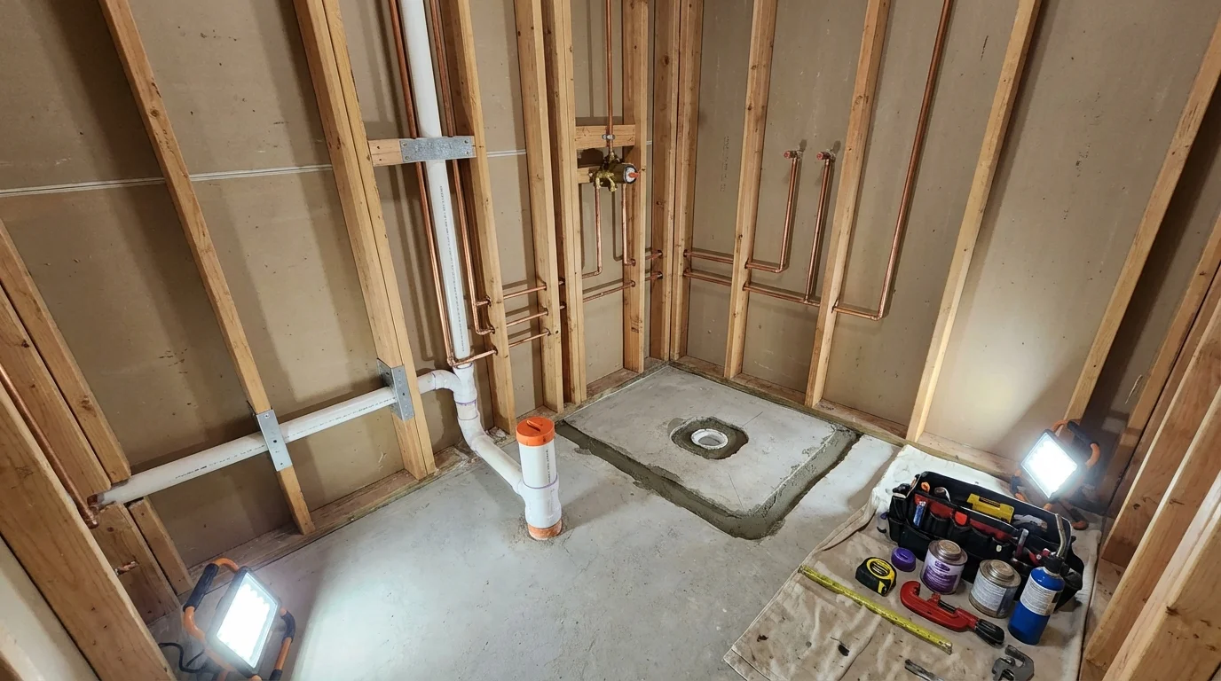 Bathroom rough-in plumbing during remodel by Johns Plumbing LLC in Cabot