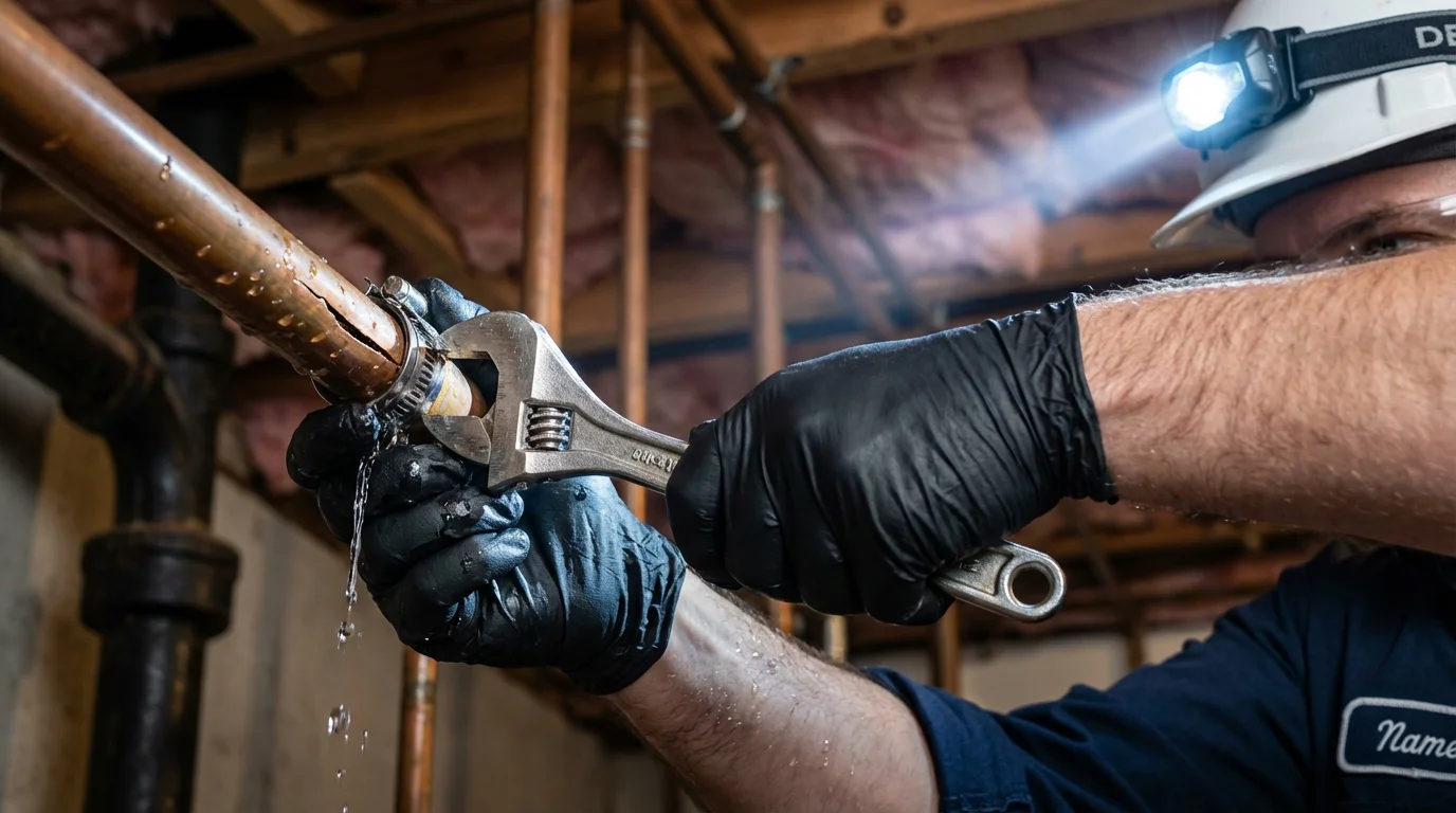 Emergency pipe clamp repair being performed by a Johns Plumbing LLC plumber in Cabot