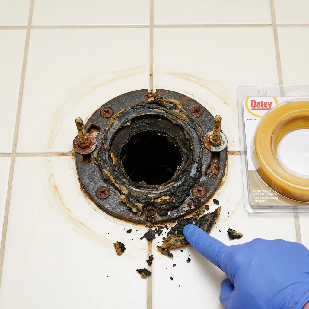 Failed wax ring showing water seepage at the base of a toilet in a Cabot, AR home